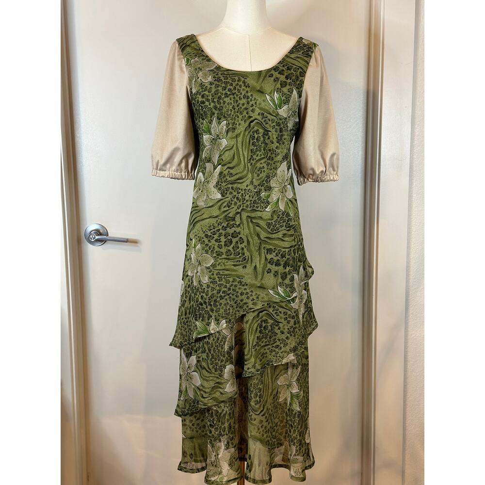 Vintage 90s Maharana S/M Green Beige Floral Print Maxi Midi Dress Hippie Peasant